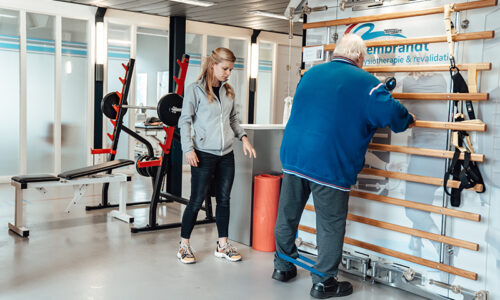 Rembrandt fysiotherapie & revalidatie- vacture - 65+ fysio en beweging Coen Fysiotherapeut Manon helpt Coen bij verschillende oefeningen in de oefenzaal fysiotherapie voor ouderen en 65 plus
