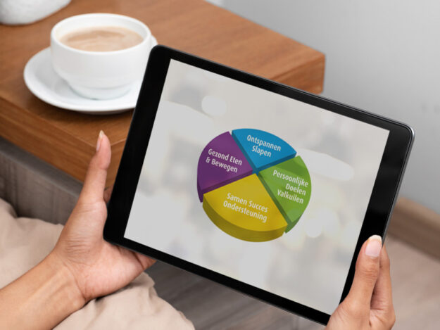 Vrouw houdt tablet vast met daarop een foto van een schijf van het voedingscentrum over obesitas.