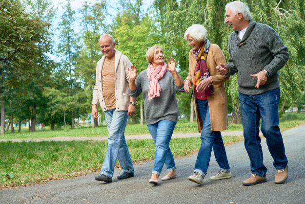 Groepje ouderen zijn aan het wandelen in het park voor hun mentale gezondheid