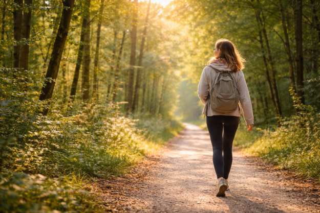 Vrouw wandelt in bos. Zelfliefde